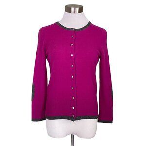 Vertical Design Womens S 100% Cashmere Cardigan Magenta Gray Elbow Patch Sweater